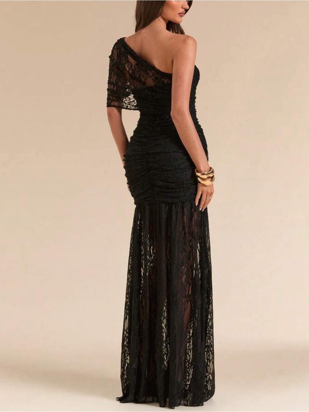 One-Shoulder Black Lace Evening Gown - Picture 5 of 7